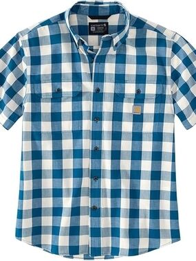 🆕️ Carhartt Men's Blue Plaid Loose Fit Short Sleeve Button Up